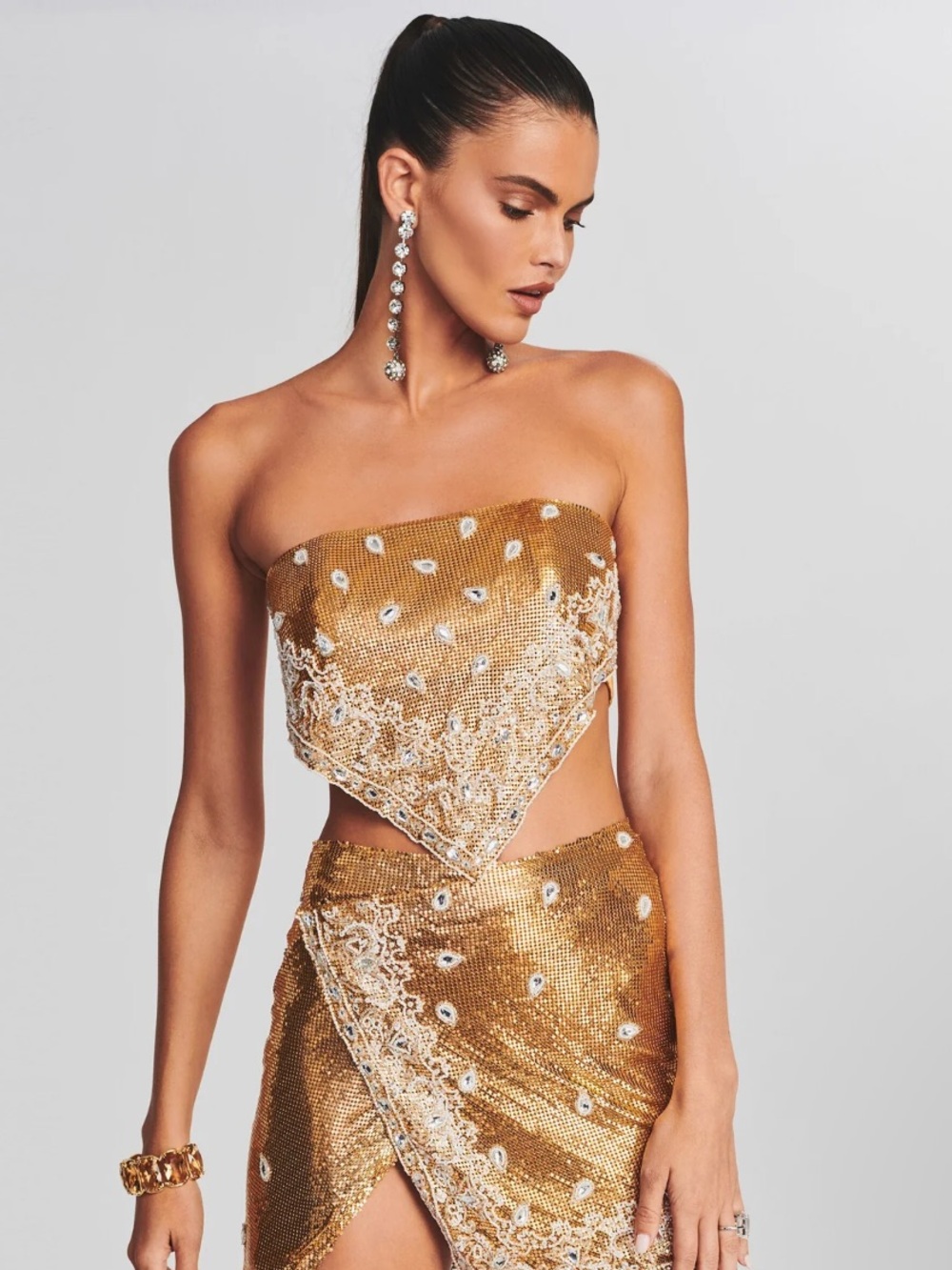 Retrofete Gold Embellished Strapless Chainmail Two-Piece Dress